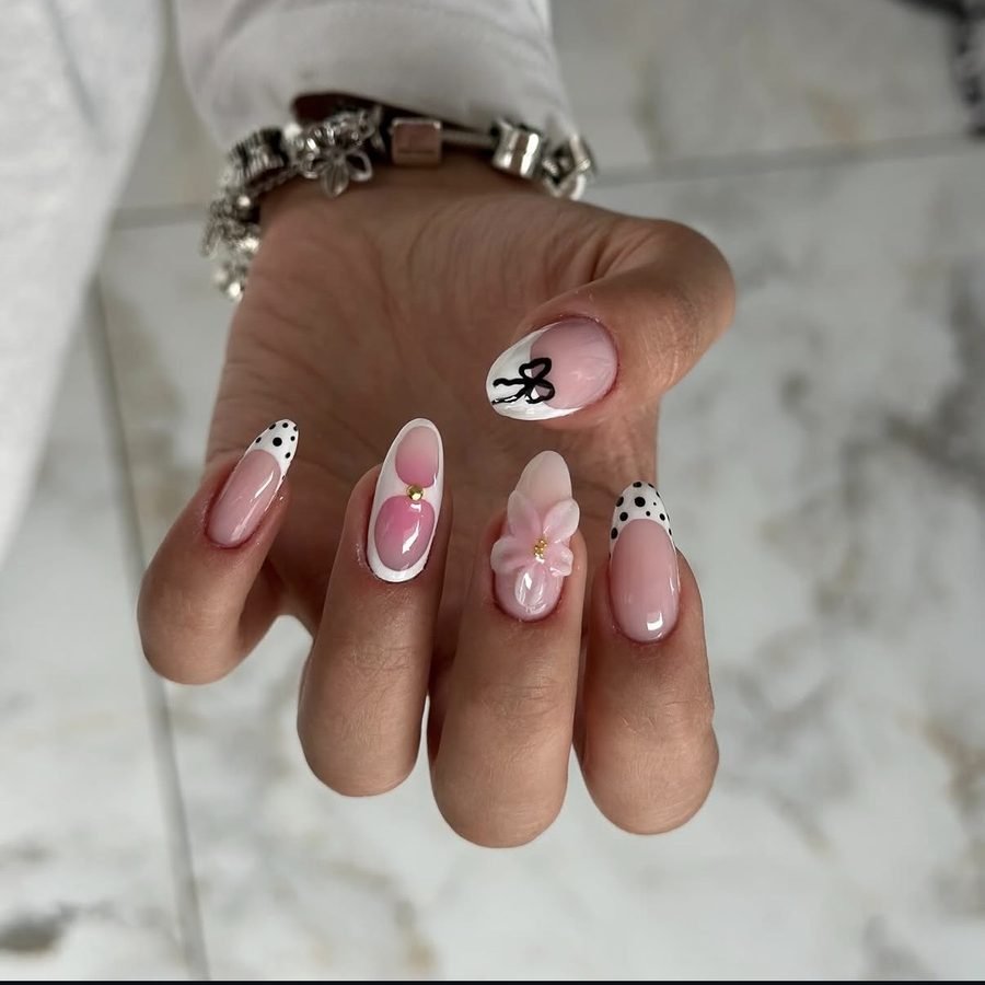 Manicure ze zdobieniem 3D, kokardka i kwiatek — Piękna Sprawa Studio